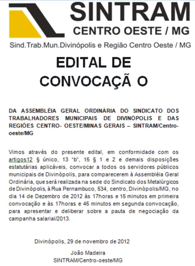 SINTRAM – EDITAL DE CONVOCAÇÃO DA ASSEMBLÉIA GERAL ORDINÁRIA DO SINDICATO DOS TRABALHADORES MUNICIPAIS E DA REGIÃO CENTRO-OESTE DE MINAS sintram edital 600